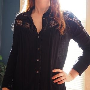 Free People Black Long Sleeve Lace Blouse